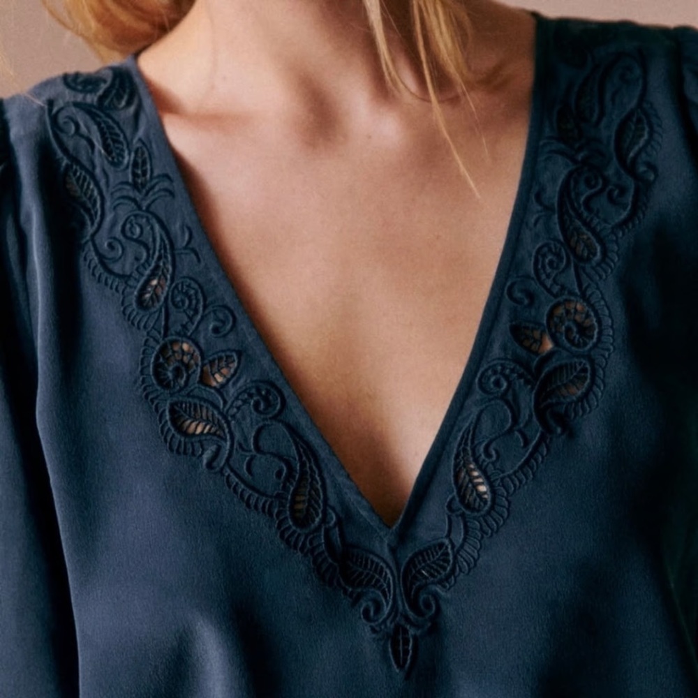 Sezane Navy Embroidered V-Neck Blouse size 42